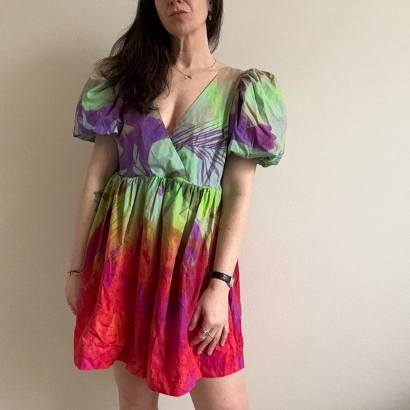 Plenty by Tracy Reese Puff-Sleeve Surplice Watercolor Tie Dye Dress M Anthro - Picture 2 of 12